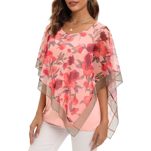 SeSe Code Women's Elegant Mesh Blouses Flowy Poncho Tops Dressy Casual Shirts - Picture 1 of 5